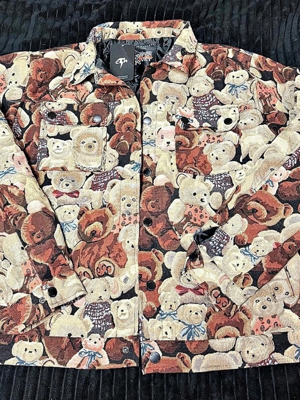 Copper Rivet Teddy Bear Print Jacket in Brown & Beige